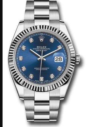 Replica Rolex Steel and White Gold Rolesor Datejust 41 Watch 126334 Fluted Bezel Blue Diamond Dial Oyster Bracelet